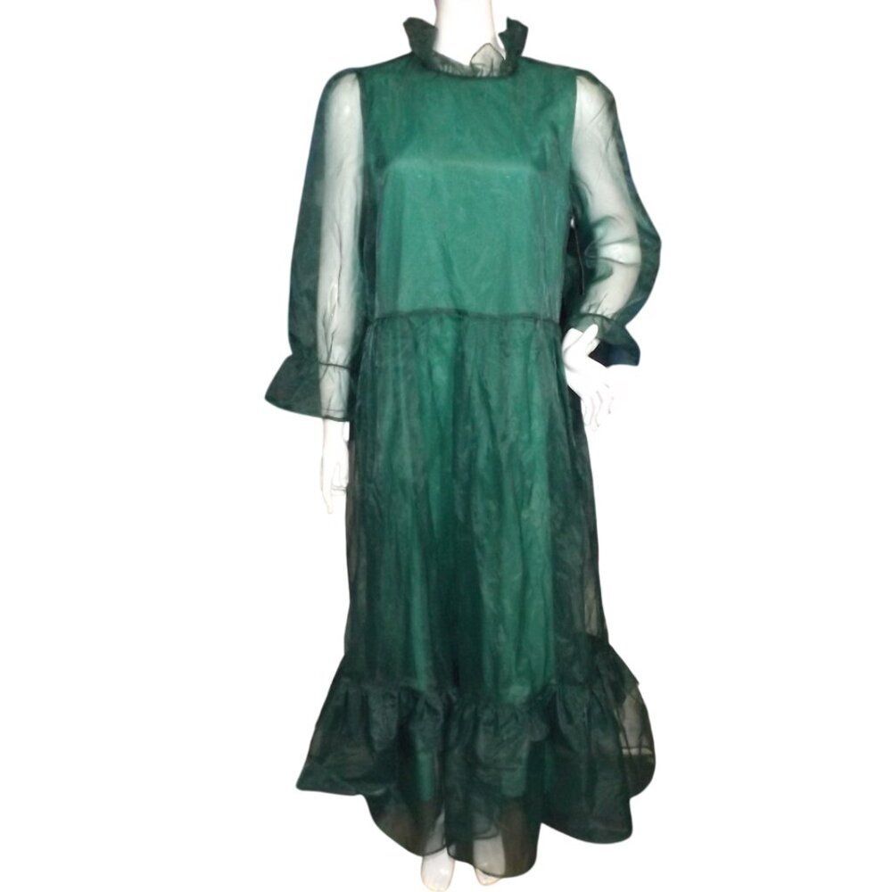 new SISTER JANE Gown/Maxi Dress, M, Emerald Green Organza, 3/4 sleeves, Zipper